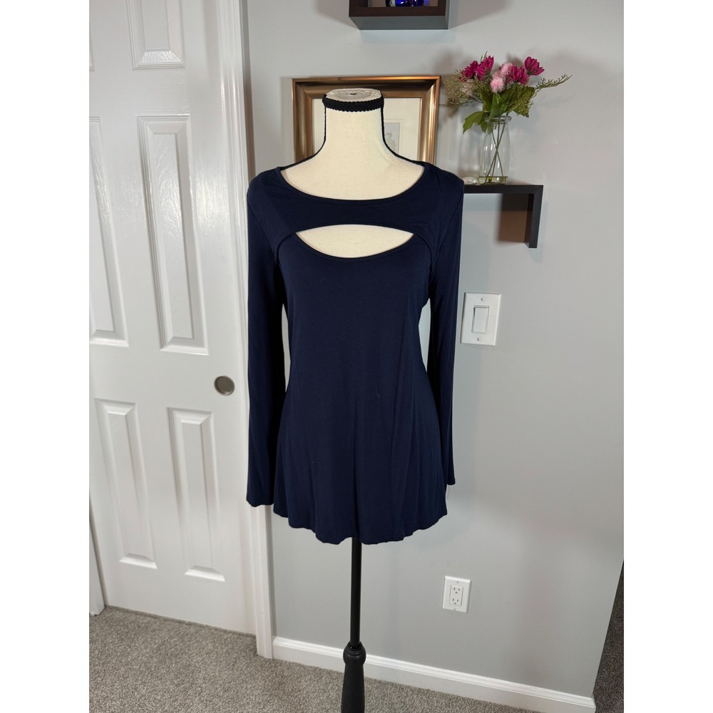 Kate & Mallory Minimalist Navy Blue Long Sleeve Cutout Chest Top Size M